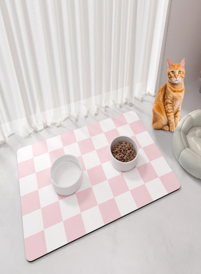 BLESWIN Cat Food Mat - 12"x 20" Cat Dog Mats for Food and Water Bowl, Checkered Pet Placemat Feeding Mat, Non-Slip Under Pet Bowls Mats for Messy Drinkers, Pink & White - Image 1